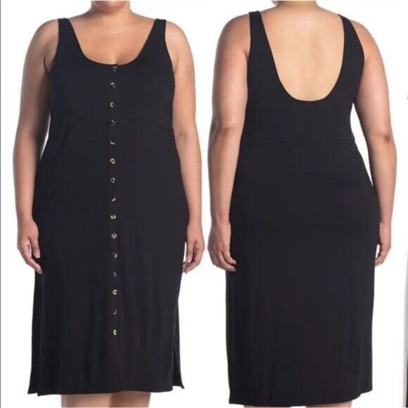 Good American Jersey Button-Front Midi Dress Sleeveless Stretch Black 5 US 2XL - Picture 1 of 5